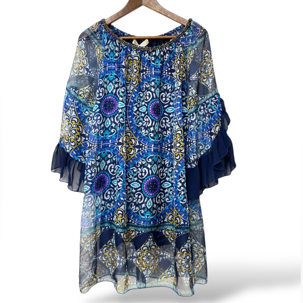 Urban Mangoz Blue Women’s size L Bohemian Patterned Tunic Dress (D11)